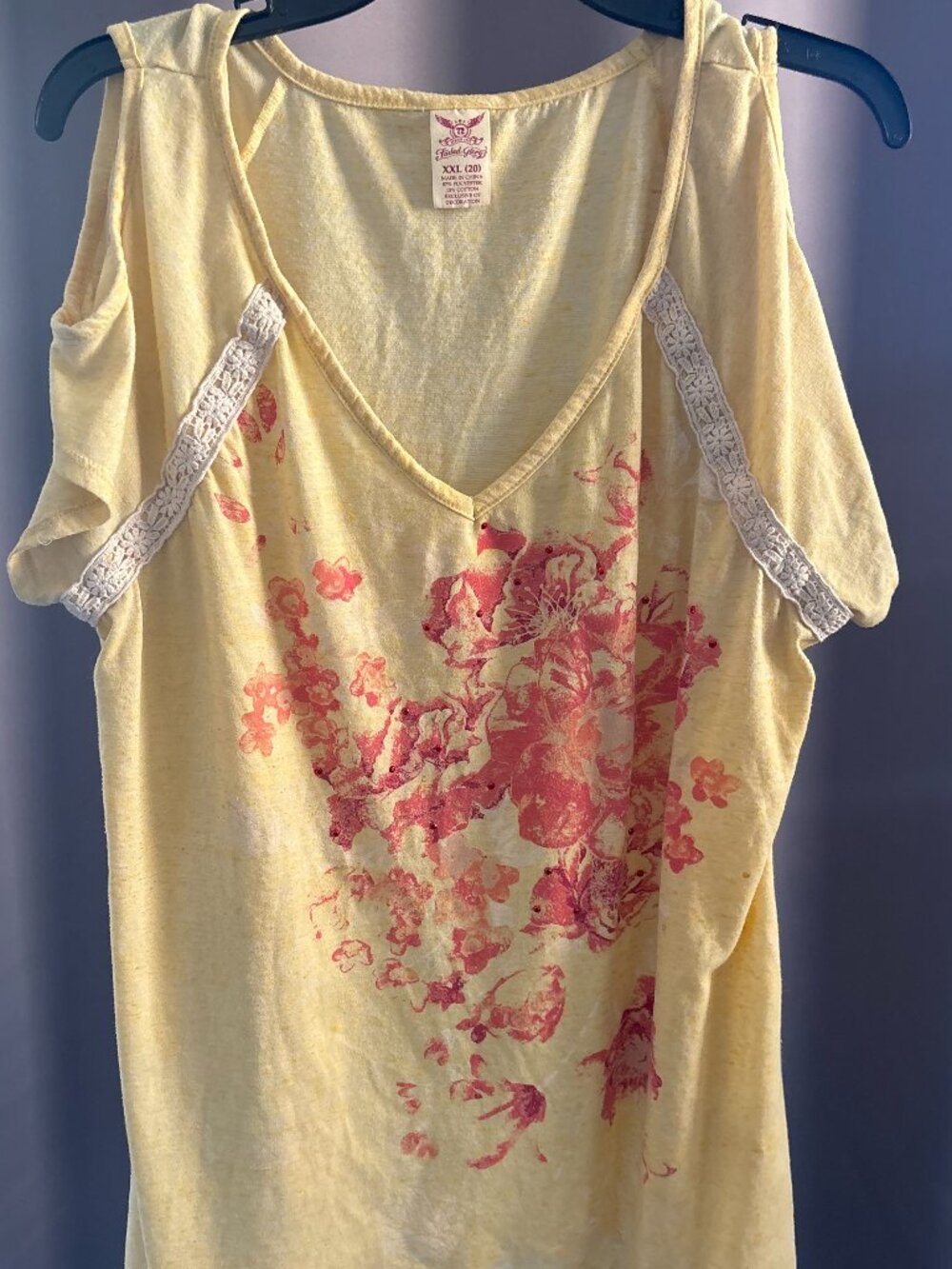 Faded Glory Yellow Burnout Floral Cold Shoulder Lace Trim Tunic Top XXL (20)